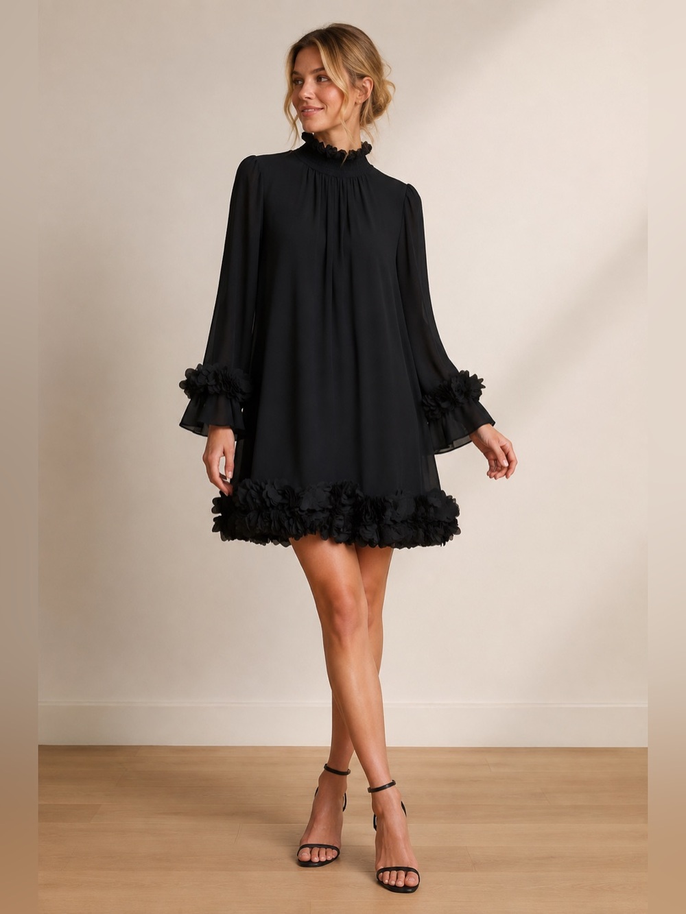 Alex Marie Amelia Black Chiffon Mini Dress Ruffle Detail on Hem and Cuffs sz 10